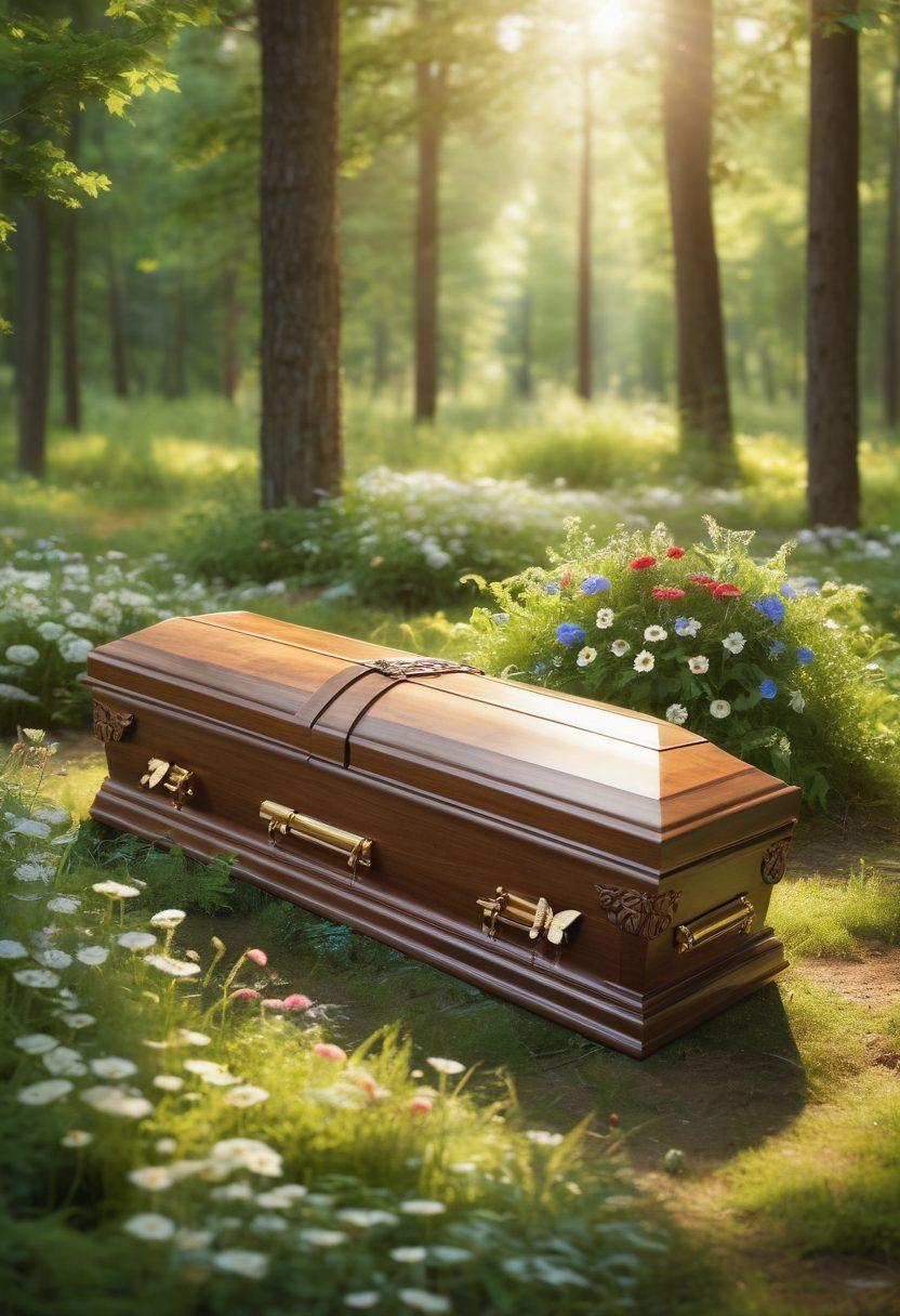 A serene forest setting with a beautiful eco-friendly burial site, featuring biodegradable caskets surrounded by lush greenery and blooming wildflowers. Soft sunlight filters through the trees, creating a tranquil atmosphere. Include symbols of life, like butterflies and birds, to reflect the theme of remembrance and nature. super-realistic. vibrant colors. natural setting.