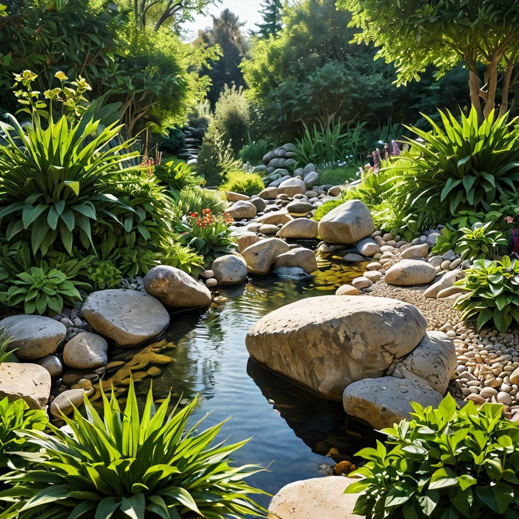 A serene landscape featuring a lush green garden with diverse plants symbolizing sustainability, softly illuminated by warm sunlight. A peaceful figure conducting a harmonious final arrangement in the foreground, using natural elements like flowers and stones. Incorporate a gentle flowing stream in the background to represent life's cycle. Evoke feelings of peace and connection with nature. super-realistic. vibrant colors. soft focus.