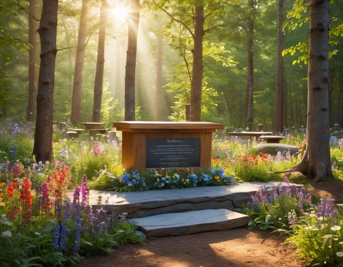 A serene forest scene with a beautiful, eco-friendly memorial made of natural materials like wood and stone, surrounded by vibrant wildflowers. Soft sunlight filters through the trees, illuminating the memorial while birds and butterflies add life to the scene. The atmosphere is peaceful and reflective, inviting contemplation on sustainability in funerals. super-realistic. vibrant colors.